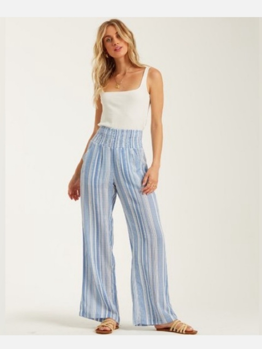 Billabong New Waves Wide Leg Flowy Breezy Pants High Waist Smocked w Pockets S